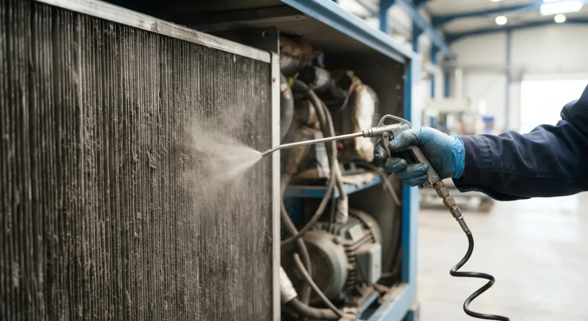 Technician using blow gun to clean dust from industrial compressor cooler fins