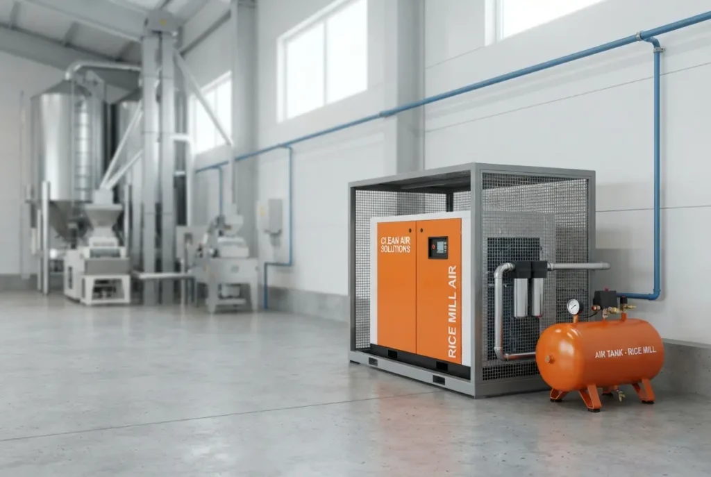 Orange industrial air compressor inside protective mesh cage with receiver tank in rice mill — Air Compressor Setup for Ric