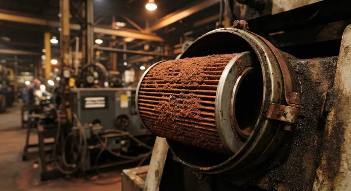 Heavily clogged cylindrical air intake filter covered in dust inside a factory workshop
