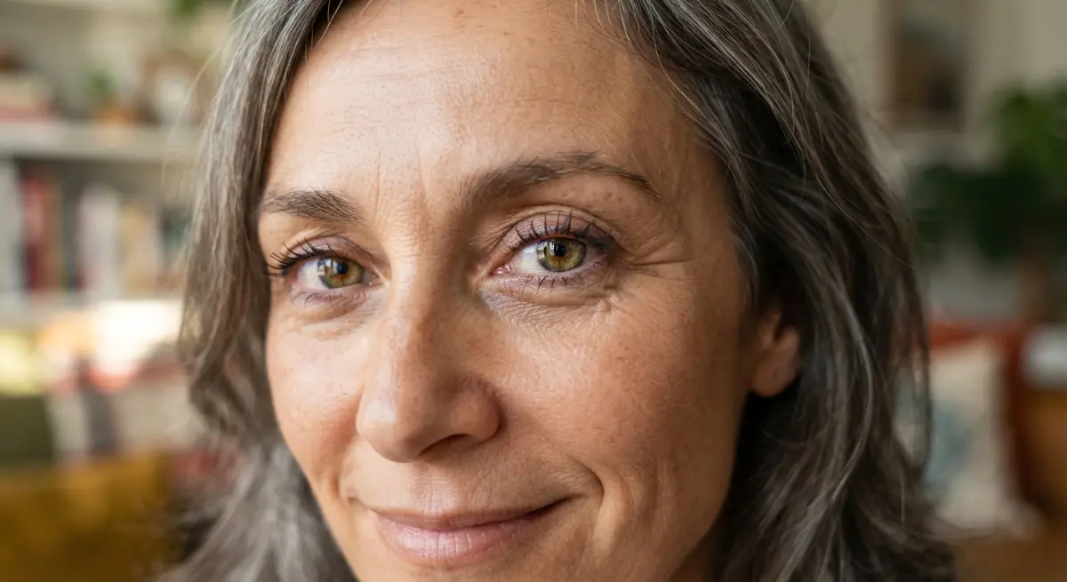 Close-up view of a smiling woman with graying hair and hazel eyes looking forward