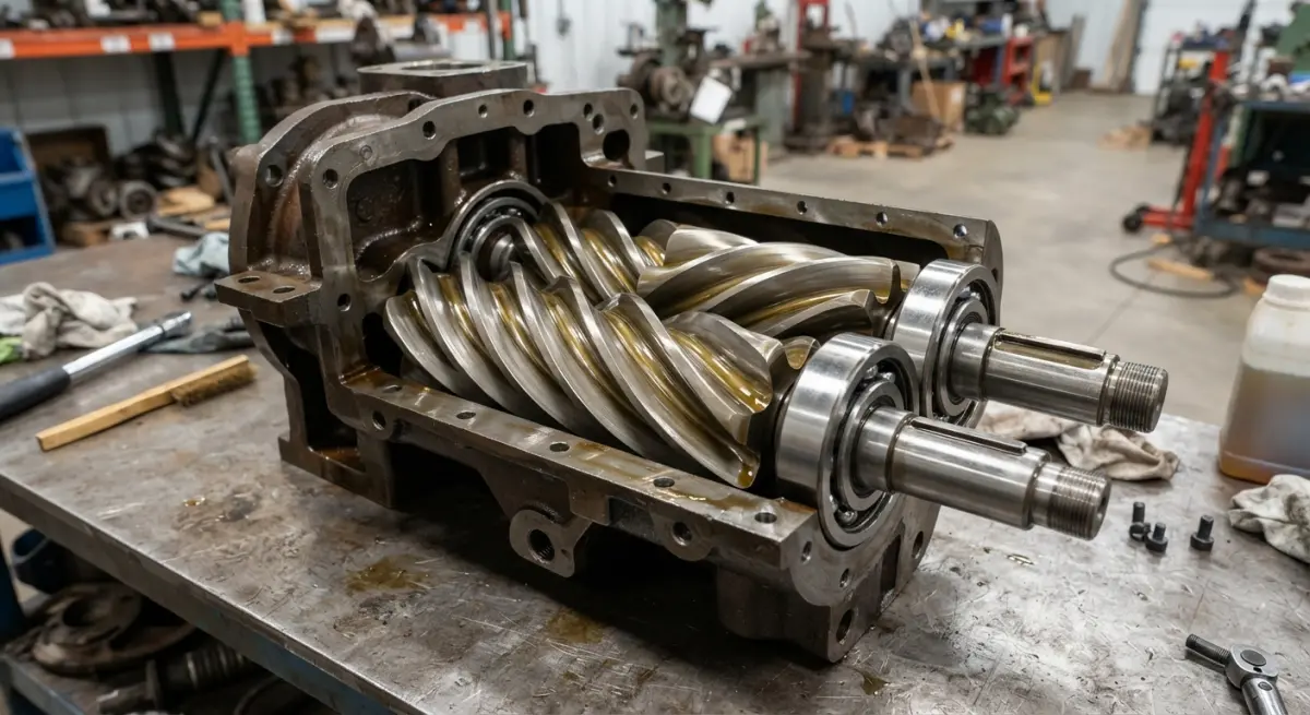 Open industrial rotary screw air compressor airend showing twin helical rotors and bearings on workbench