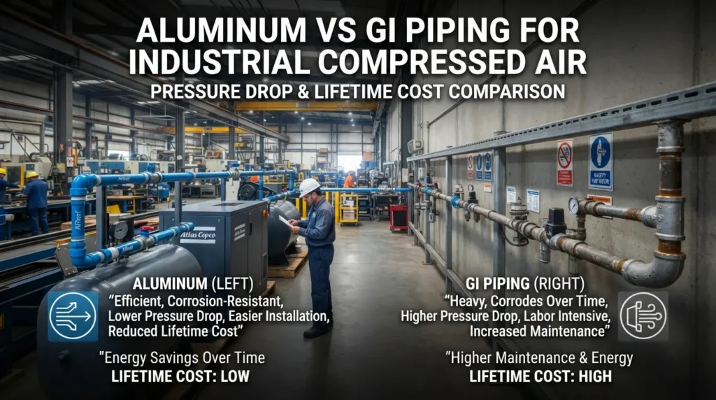 Comparison of aluminum and galvanized iron compressed air piping systems inside a factory setting — Aluminum vs GI Piping