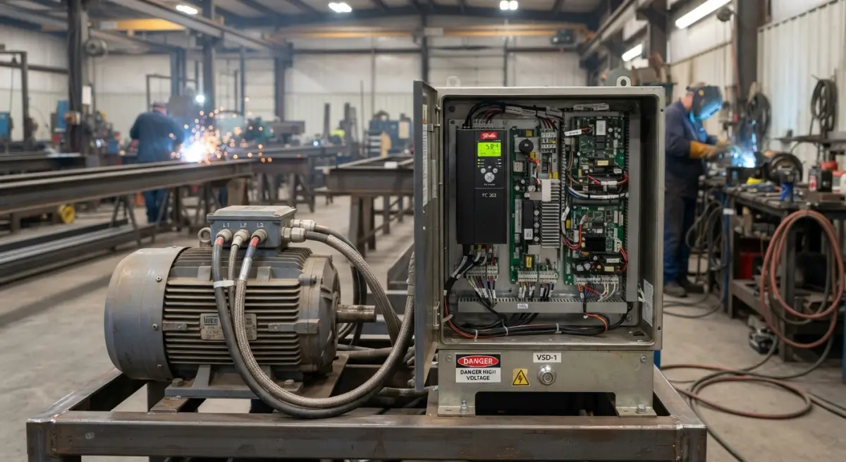 Industrial electric motor wired to an open variable speed drive control cabinet in a workshop