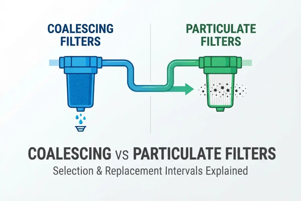 Diagram illustrating compressed air coalescing and particulate filters with moisture and dust filtration — Coalescing vs Pa