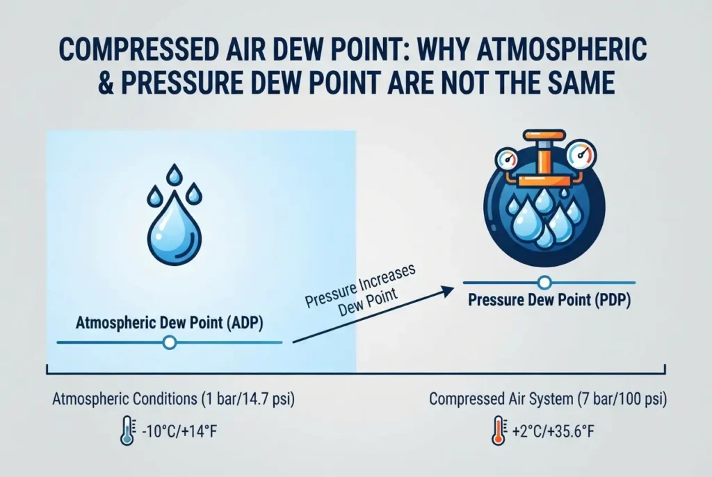 Infographic comparing atmospheric dew point and pressure dew point in compressed air systems — Compressed Air Dew Point: Wh