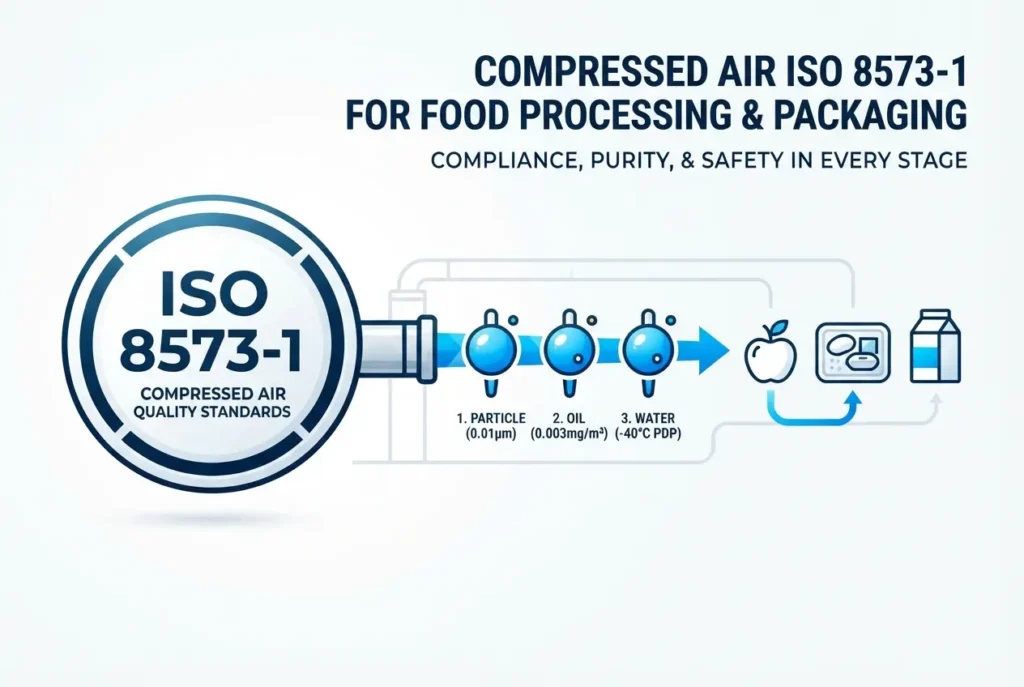 Graphic illustrating ISO 8573-1 compressed air filtration standards for food processing and packaging — Compressed Air ISO