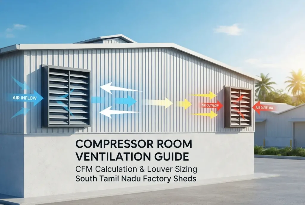 Diagram of factory compressor shed showing airflow through intake and exhaust wall louvers — Compressor Room Ventilation CF