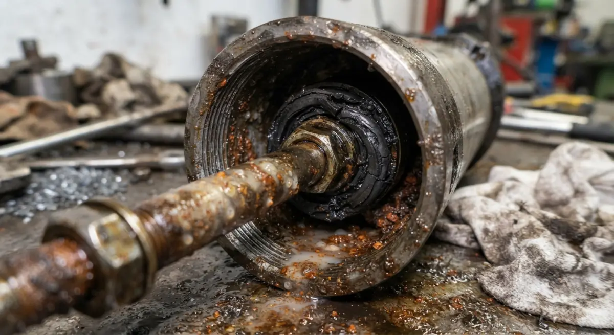 Disassembled industrial air cylinder showing severe internal rust, moisture damage, and worn rubber seals