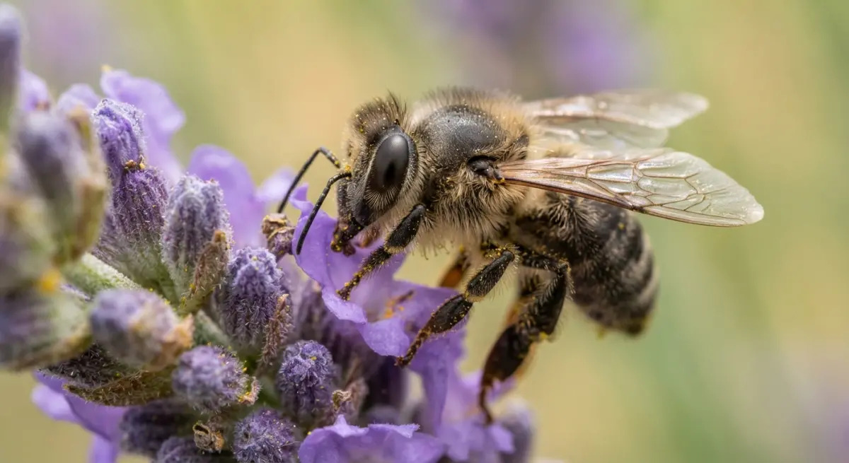 Macro shot of a honeybee gathering pollen on a blooming purple lavender flower