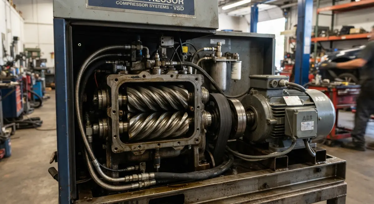 Exposed twin rotary screws inside an industrial air compressor unit in a workshop setting