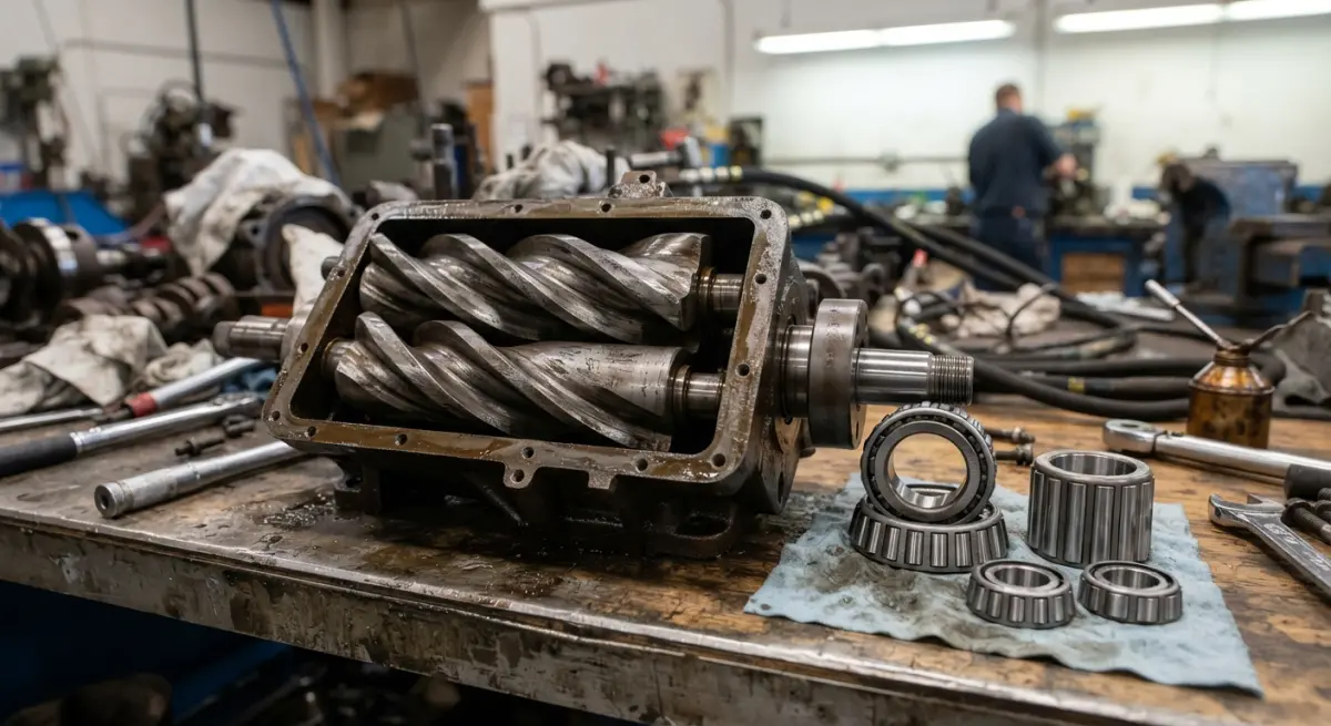 Disassembled rotary screw air compressor airend with internal rotors and bearings on workbench