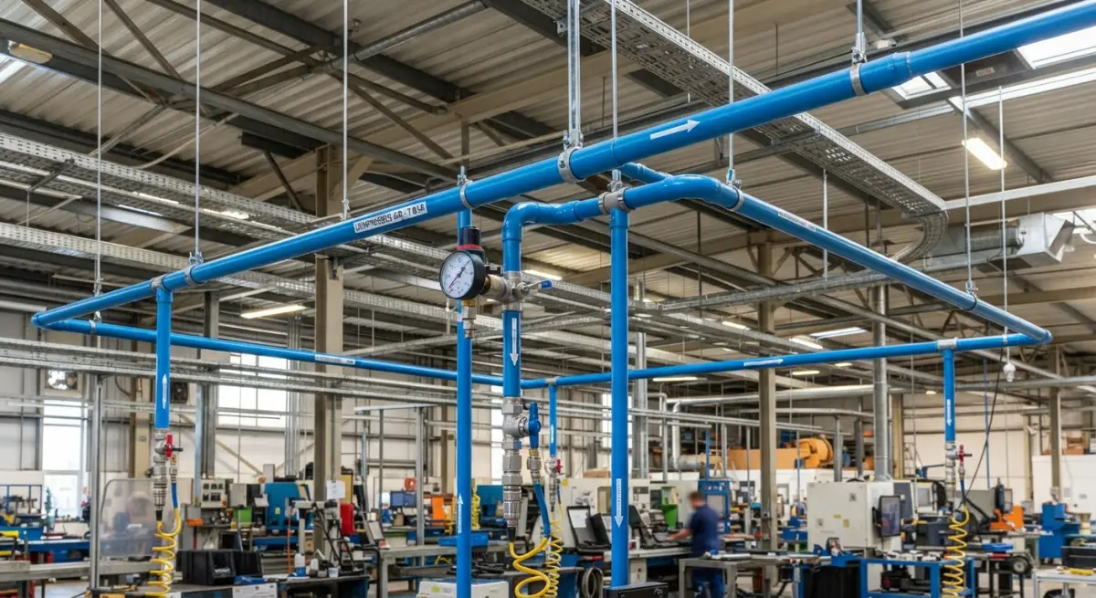 Blue compressed air ring main piping with vertical drop lines inside a factory workshop