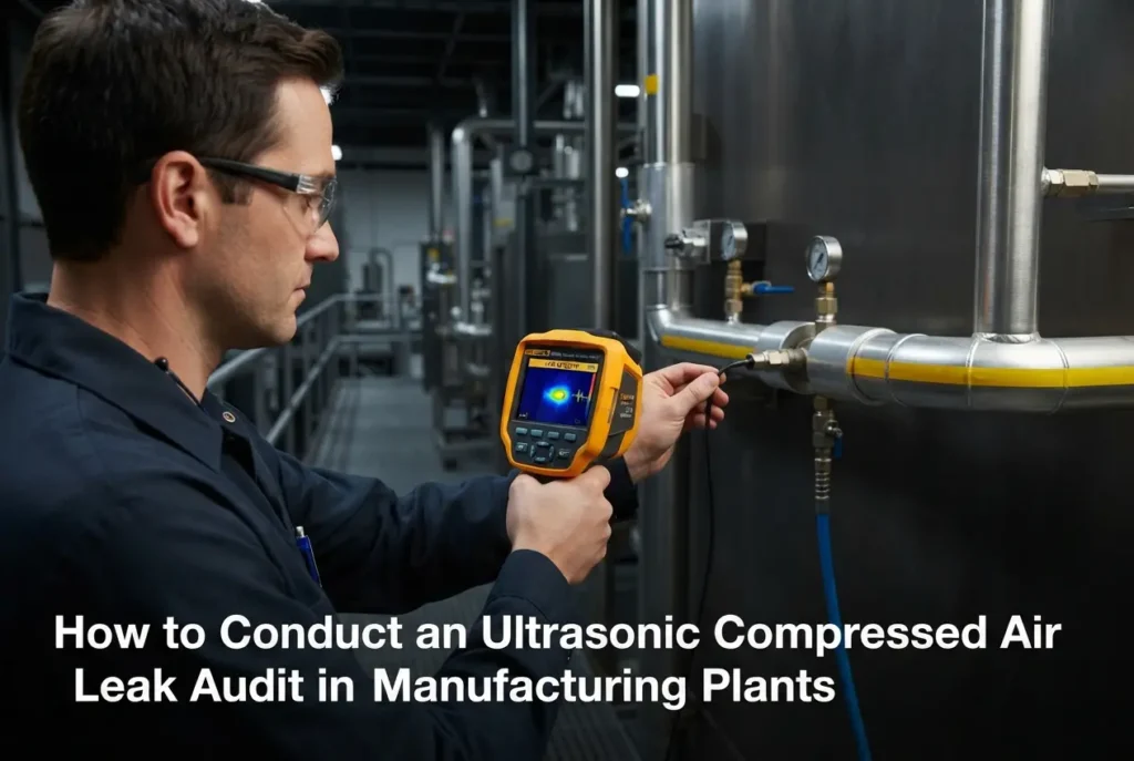 Technician using handheld acoustic imaging device to detect air leaks on industrial plant piping — How to Conduct an Ultras
