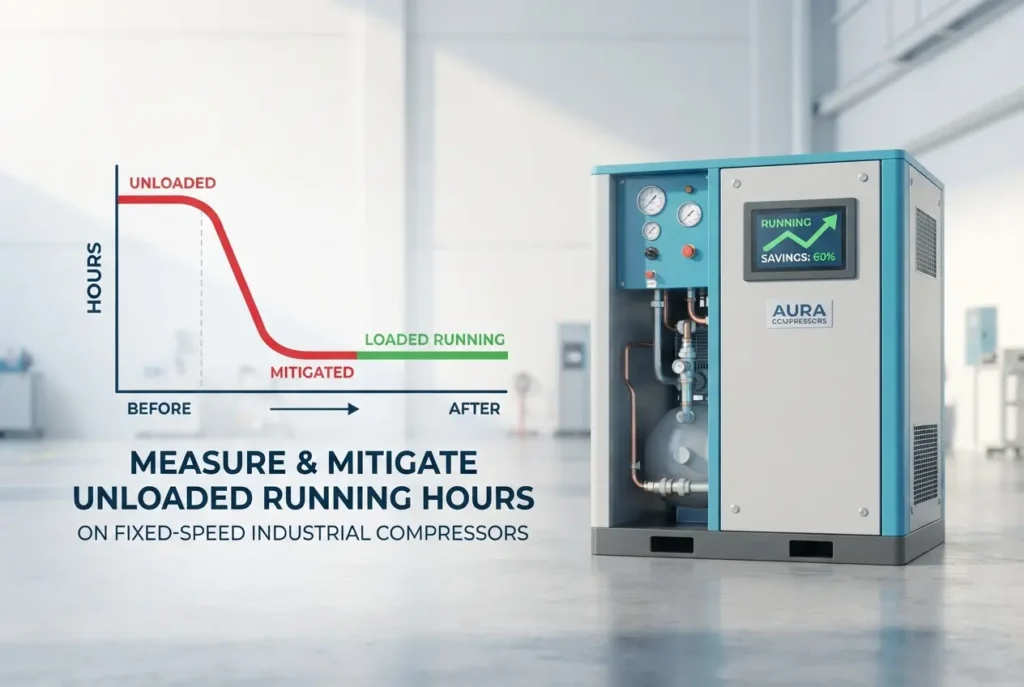 Industrial rotary screw compressor displayed alongside a graph showing reduced unloaded running hours — How to Measure and