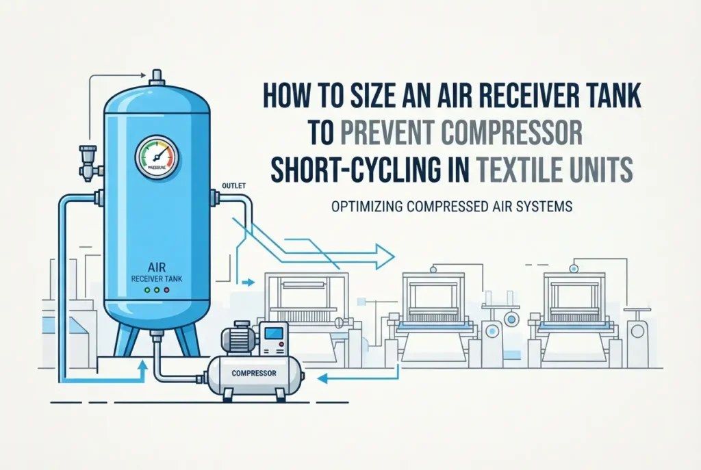 Diagram illustrating an air receiver tank and compressor setup for textile machinery — How to Size an Air Receiver Tank to
