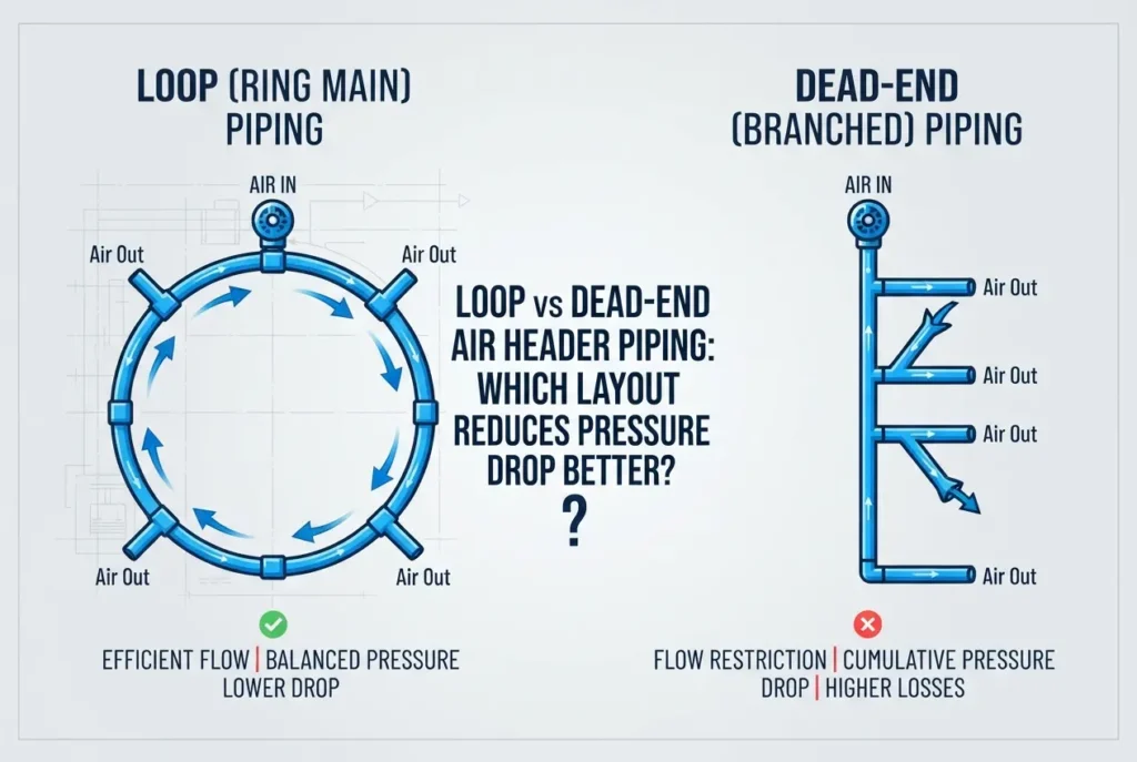 Diagram comparing loop and dead-end compressed air piping layouts showing airflow and pressure drops — Loop (Ring Main) vs