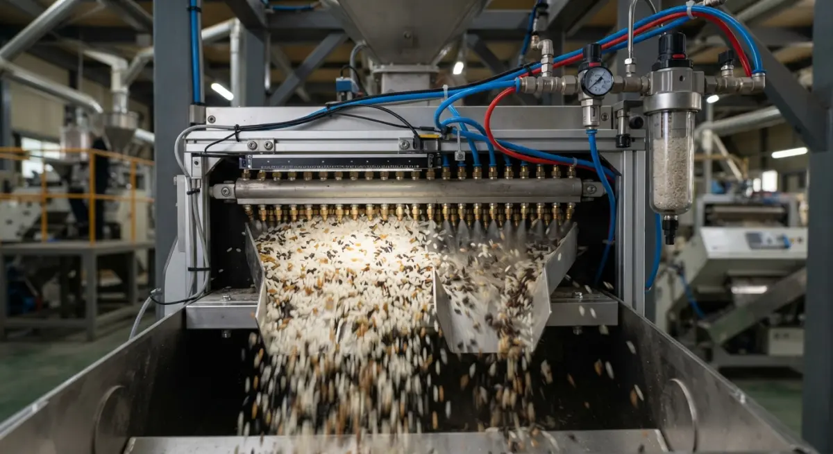 Optical grain sorter machine using compressed air nozzles to sort rice in a processing mill