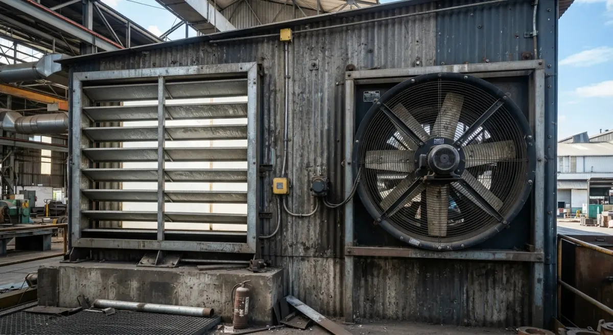 Heavy-duty industrial exhaust fan and intake louvers mounted on a factory compressor room wall
