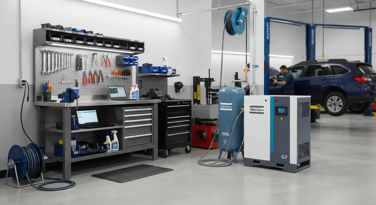 Rotary screw compressor and air receiver tank inside an automotive repair garage with vehicle lifts