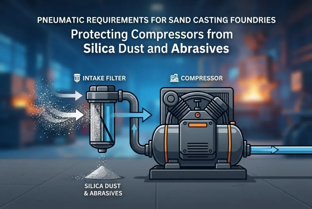Diagram illustrating an intake filter protecting an air compressor from silica dust in a foundry — Pneumatic Requirements f