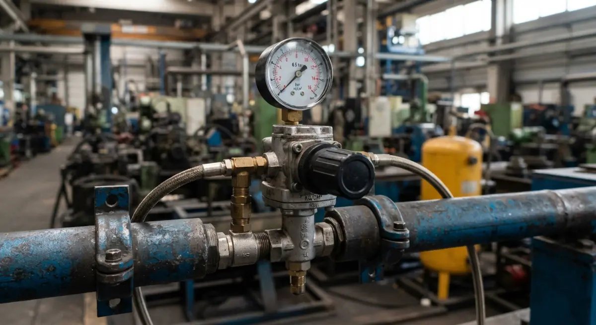 Pressure gauge and regulator installed on a compressed air pipeline in an industrial workshop