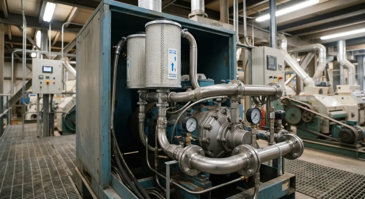 Heavy-duty industrial air compressor setup with dual air filters inside a processing plant