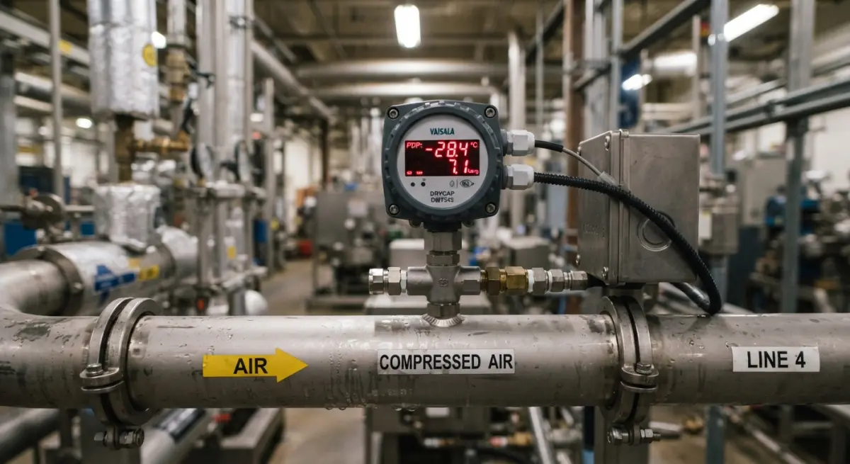 Digital dew point transmitter installed on an industrial compressed air pipeline inside a plant
