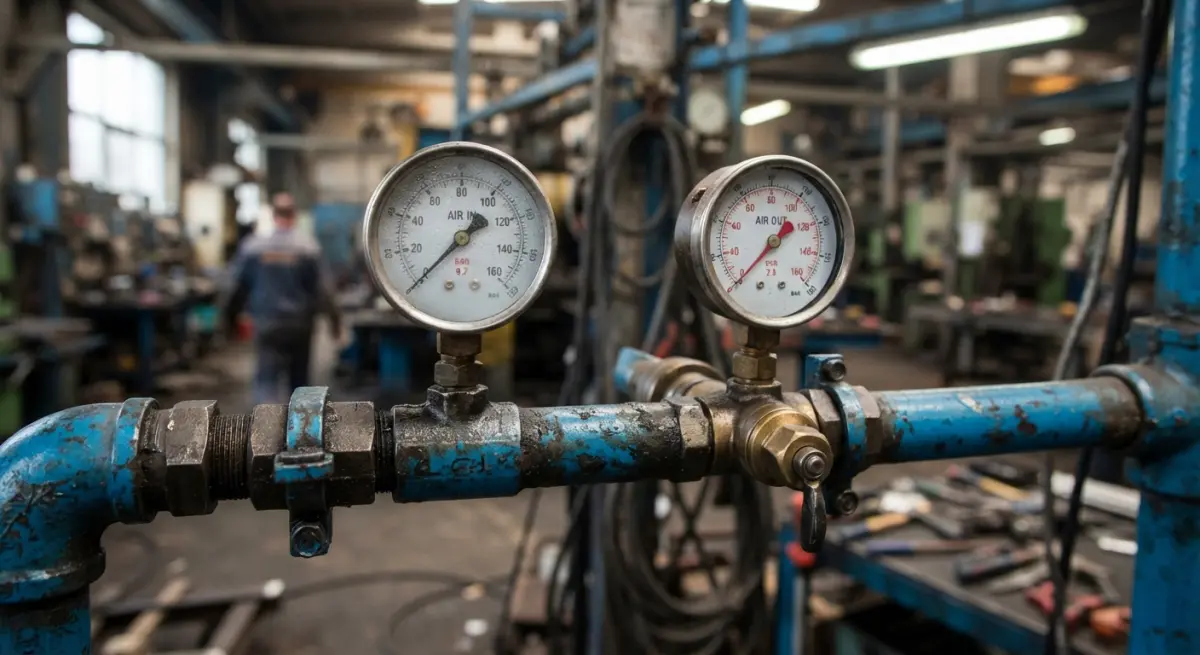 Two analog pressure gauges mounted on blue industrial piping inside a manufacturing workshop