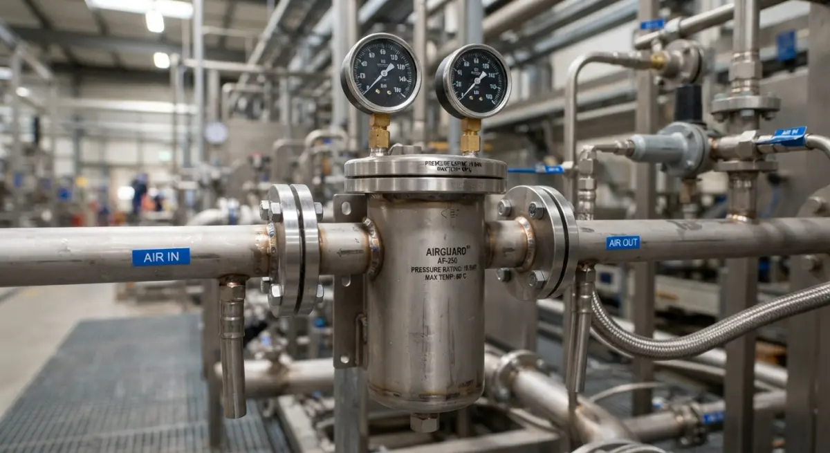 Stainless steel compressed-air filter unit with pressure gauges installed in an industrial piping system