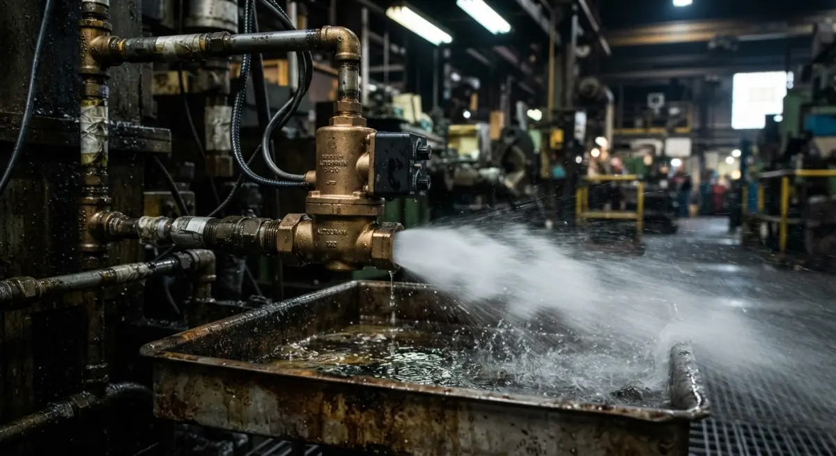 Industrial timer drain valve discharging compressed air condensate into a collection pan inside a factory