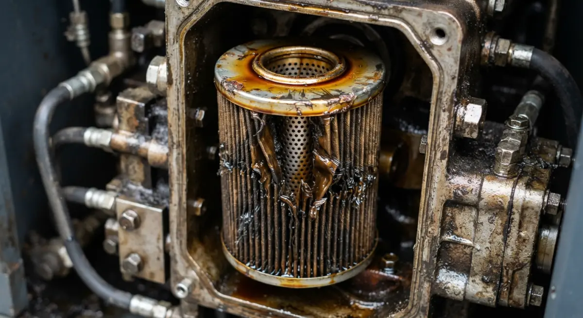 Damaged and torn oil separator element inside a rotary screw compressor housing