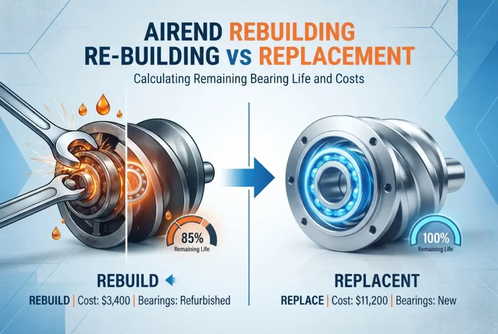 Infographic comparing rotary screw airend rebuilding and replacement costs with bearing life indicators — Rotary Screw Aire