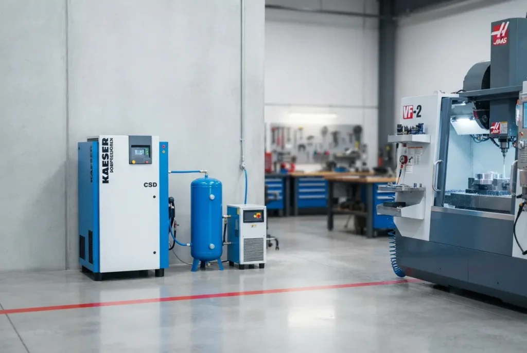 Industrial screw compressor system with receiver tank installed next to a CNC milling machine — Selecting the Right Screw C