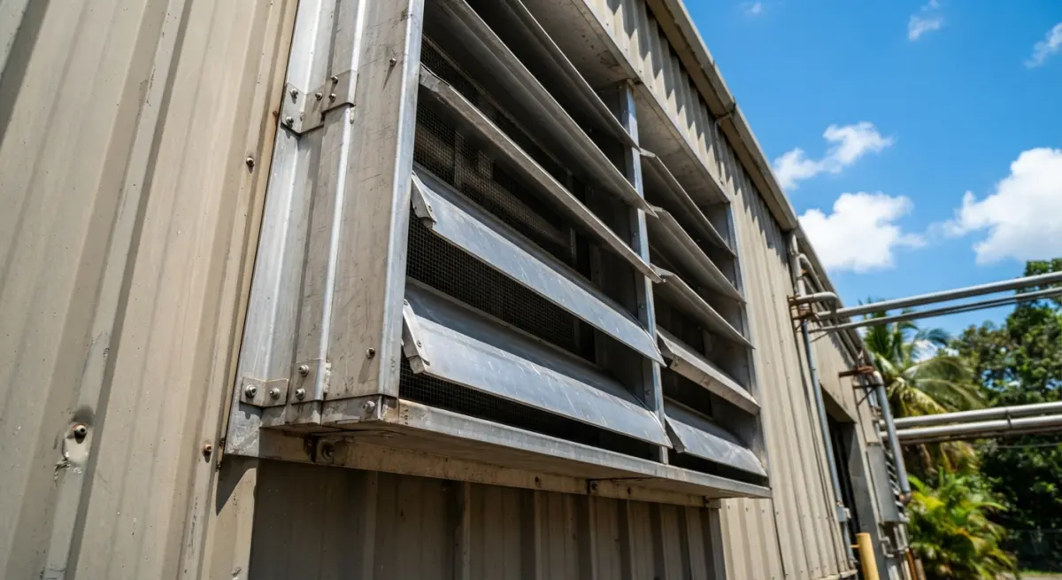Exterior metal ventilation louvers installed on the corrugated wall of an industrial factory shed