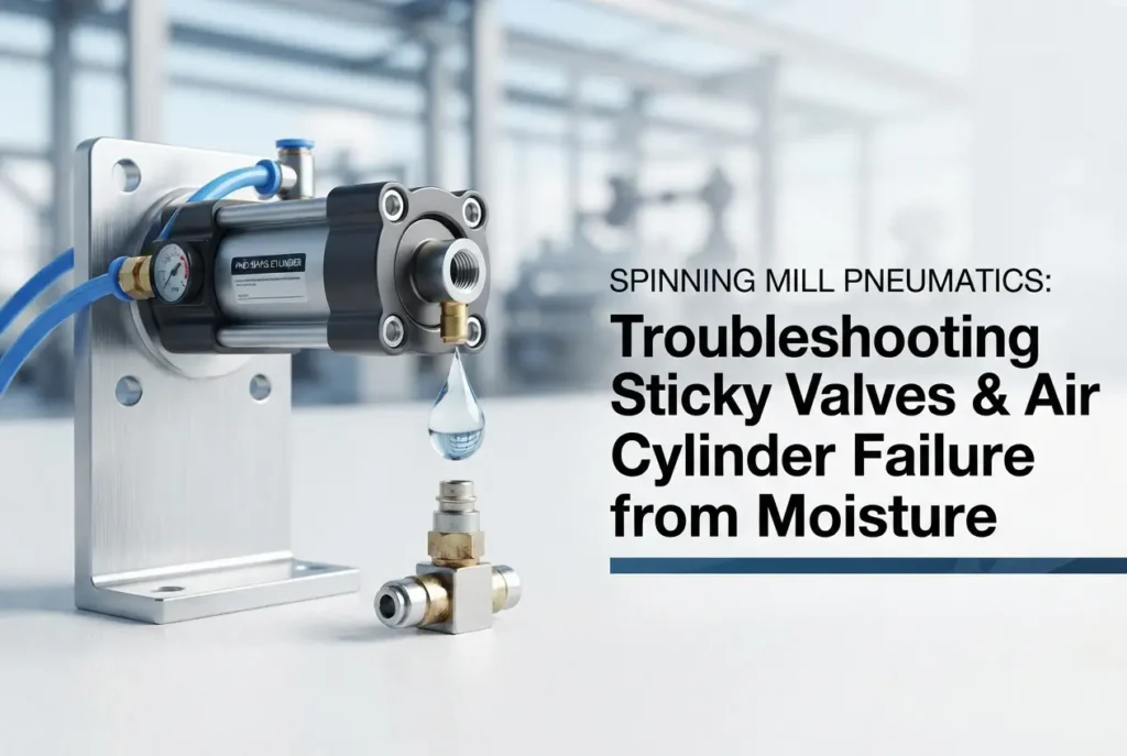 Pneumatic air cylinder leaking a moisture droplet onto a metal fitting in an industrial workshop — Spinning Mill Pneumatics