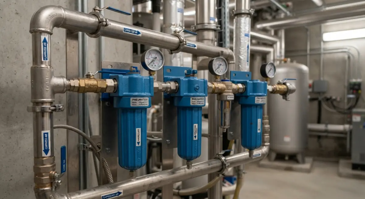 Multi-stage blue inline compressed air filters installed on stainless steel piping in an industrial facility