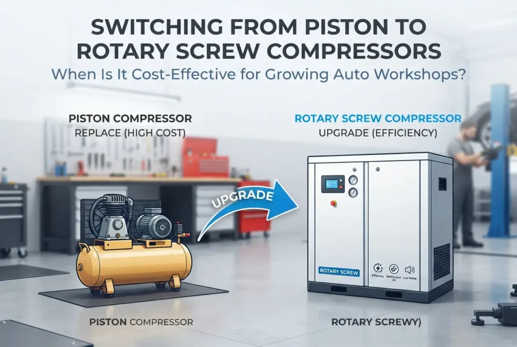 Comparison of piston and rotary screw air compressors in an auto workshop setting — Switching from Piston to Rotary Screw C