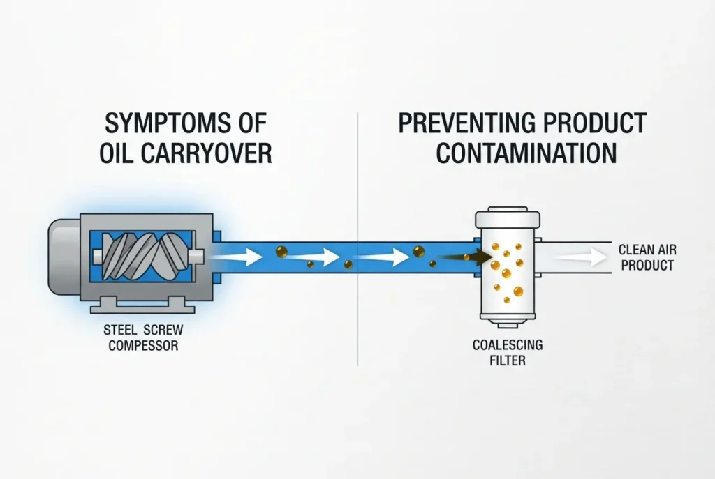 Diagram demonstrating oil carryover from a screw compressor into a coalescing air filter — Symptoms of Oil Carryover in Rot