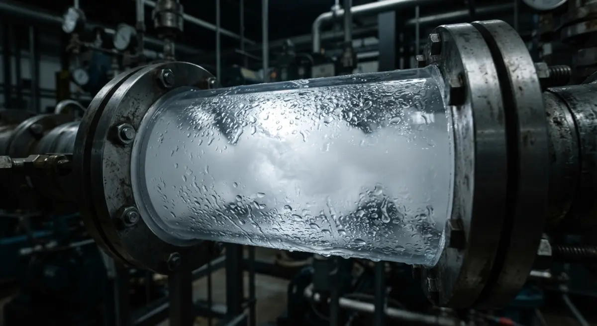 Clear sight glass in industrial piping showing heavy condensation and vapor during compressed air flow