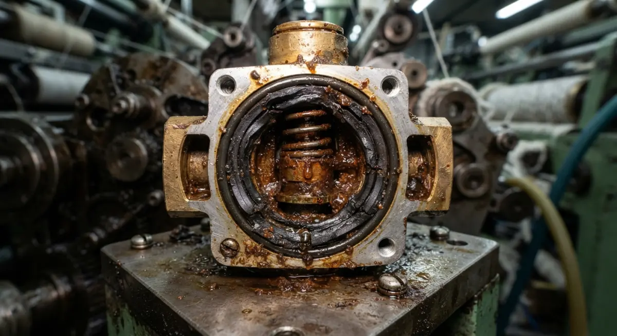 Internal view of a corroded pneumatic valve clogged with moisture and oil sludge