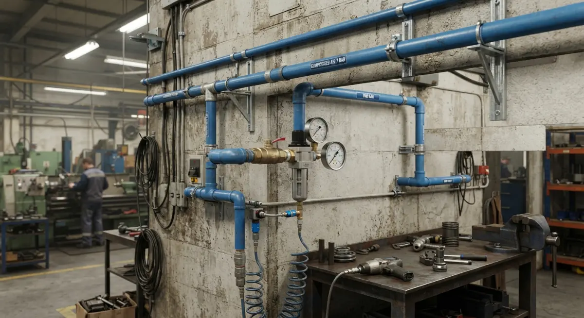 Blue compressed air piping with pressure gauges installed along workshop wall above a workbench