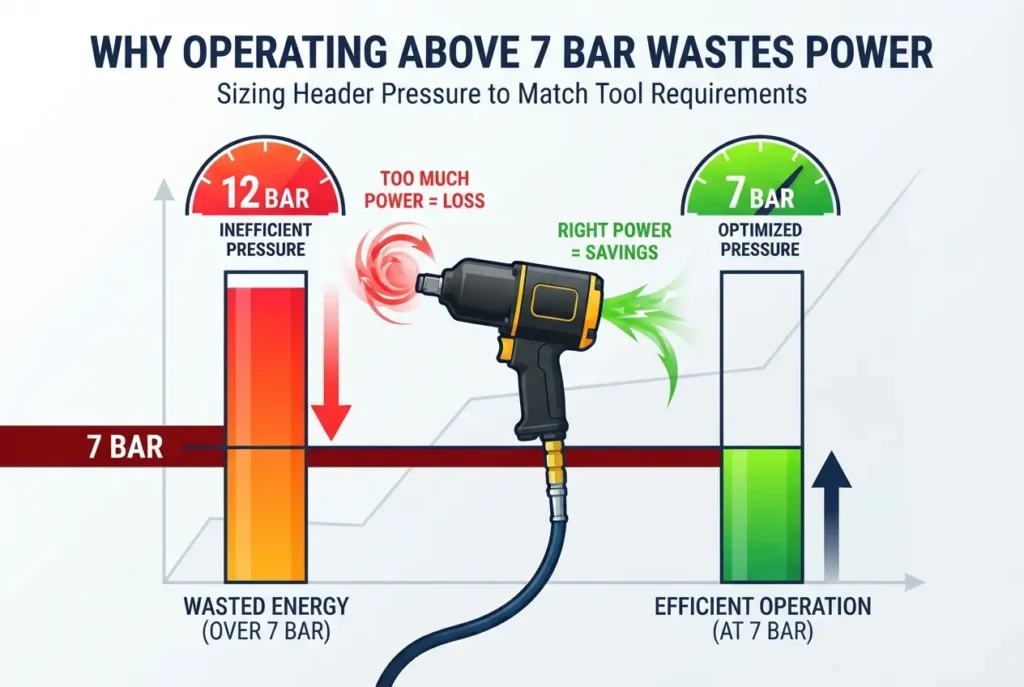 Graphic comparing pneumatic tool energy loss at 12 bar versus efficient operation at 7 bar — Why Operating Above 7 Bar Wast