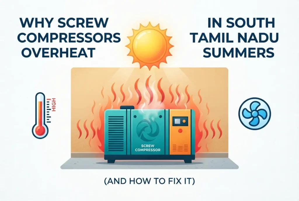 Graphic of an overheating screw compressor under direct sun with temperature and fan icons — Why Screw Compressors Overheat