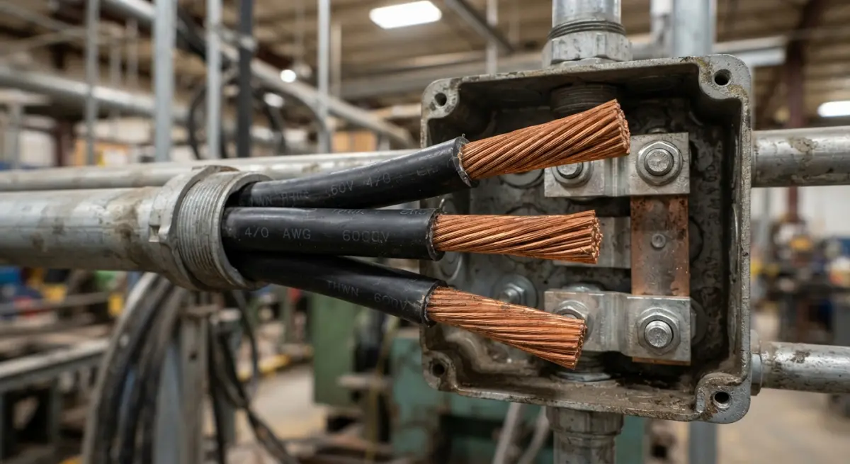 Stripped heavy-gauge copper power cables entering a metal electrical junction box inside an industrial facility