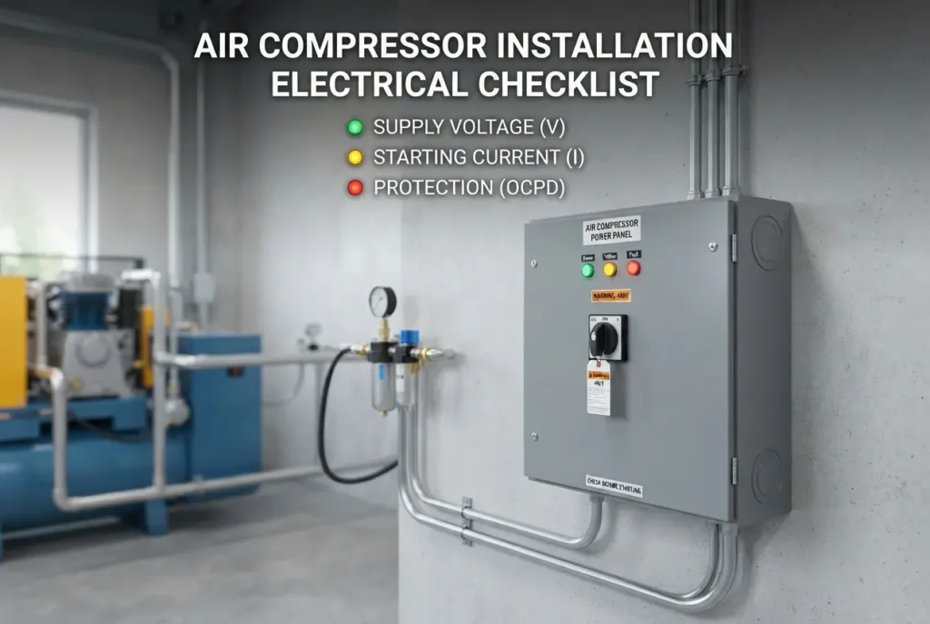 Wall-mounted electrical control panel connected to industrial compressor piping inside a facility — Air Compressor Installa