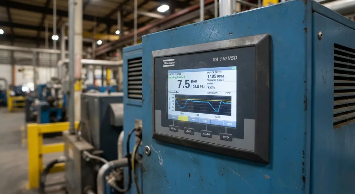 Digital display panel on an industrial air compressor unit inside a manufacturing facility