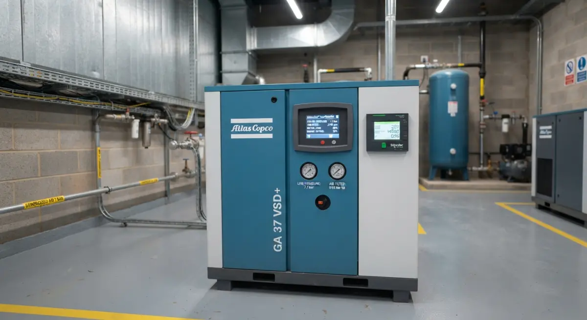 Rotary screw air compressor installed in plant compressor room with receiver tank and piping