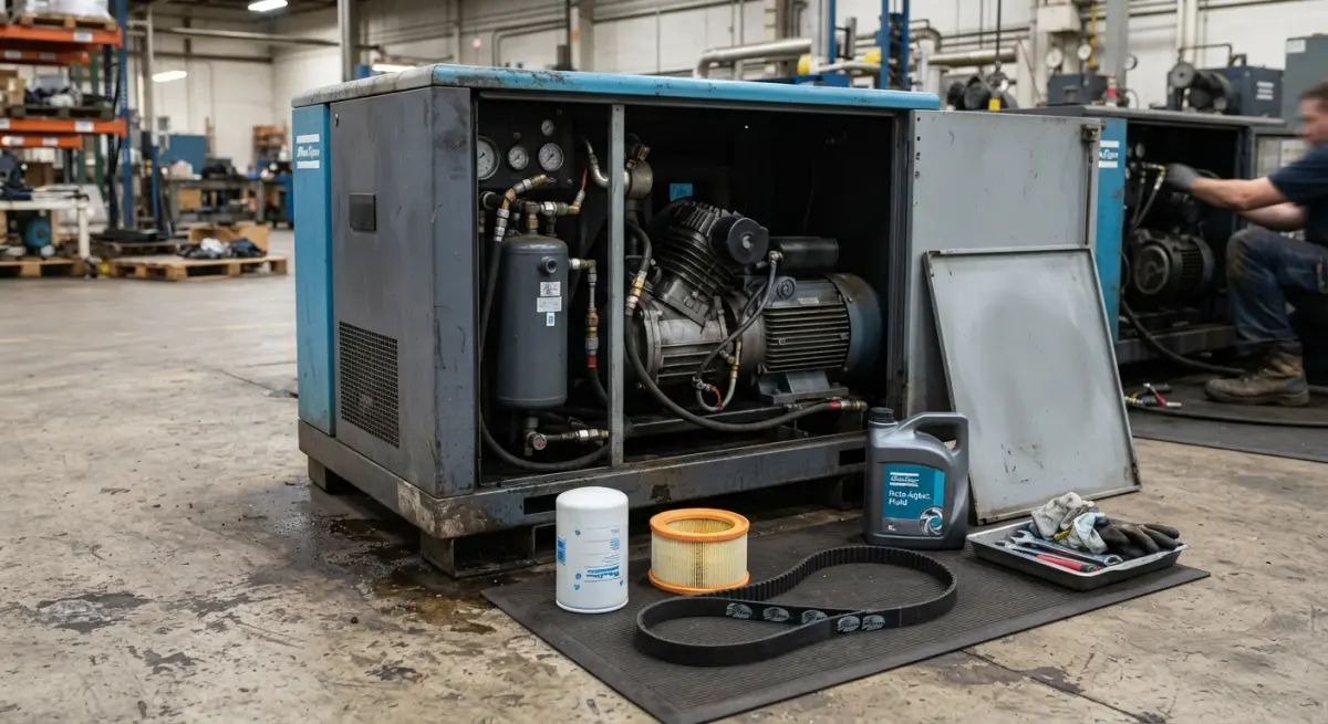 Open industrial air compressor with replacement filters, oil, belt, and tools in a workshop