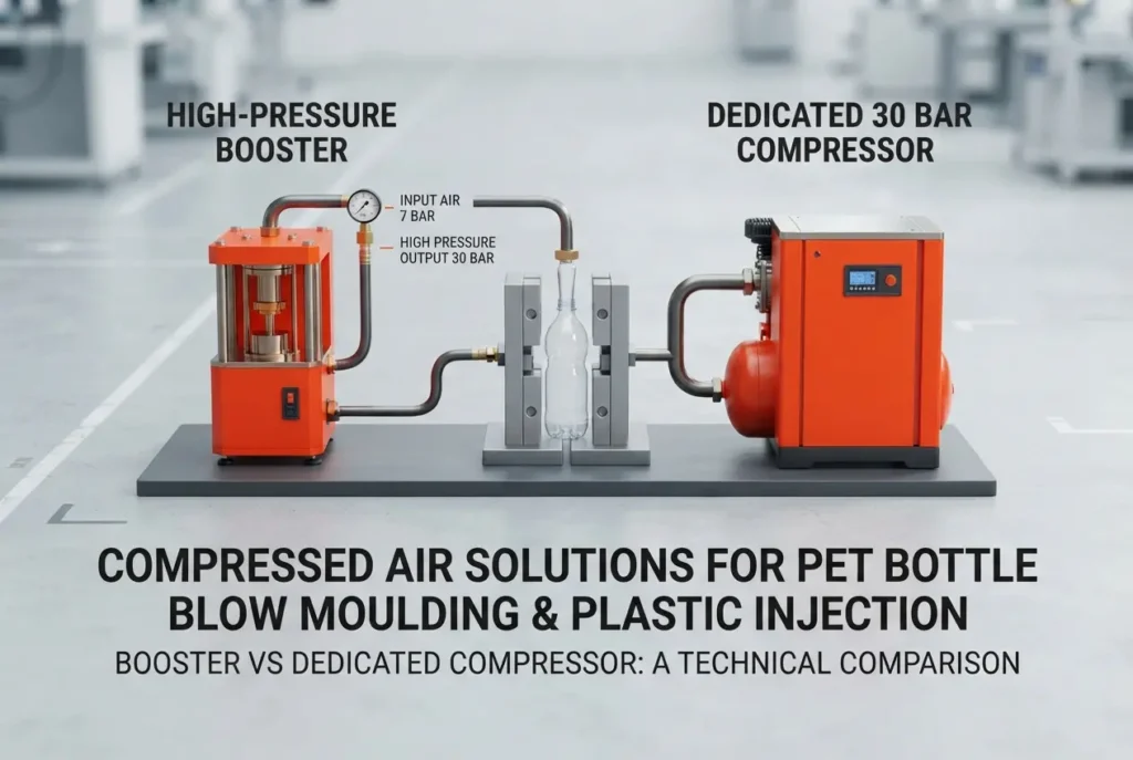 Compressed Air for PET Bottle Blow Moulding and Plastic Injection Units: High-Pressure Booster vs Dedicated 30 Bar Compressor