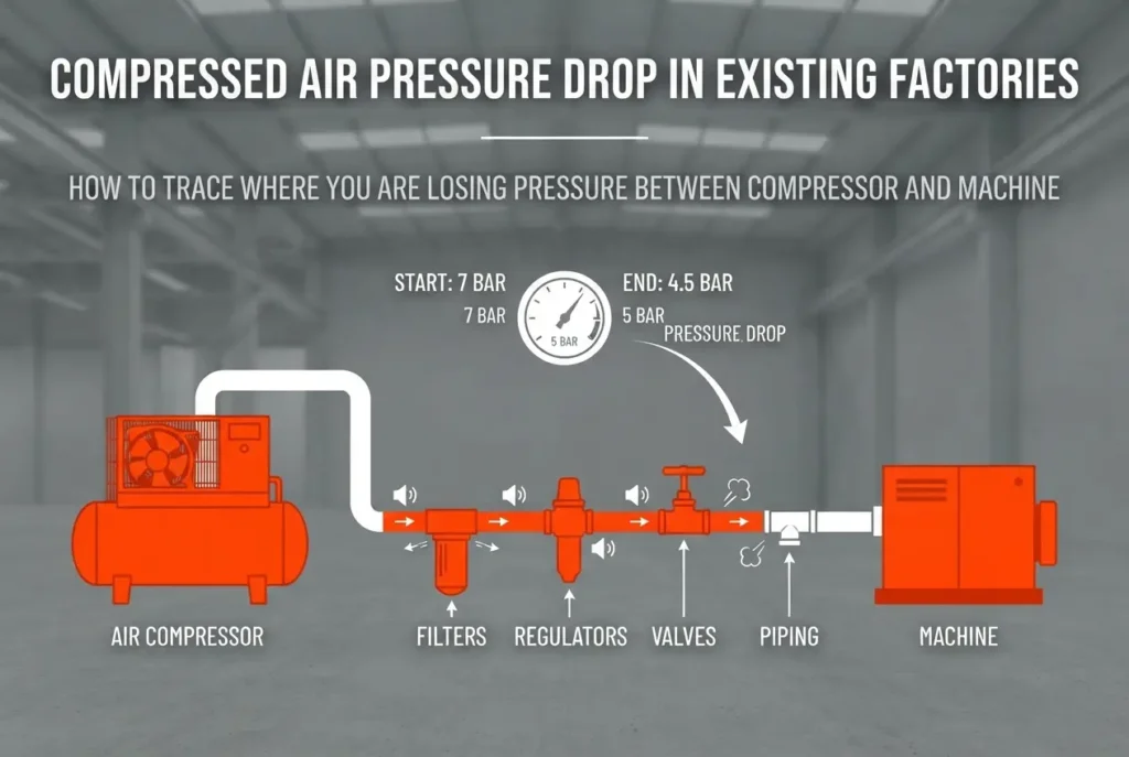 Compressed Air Pressure Drop in Existing Factories: How to Trace Where You Are Losing Pressure Between Compressor and Machine